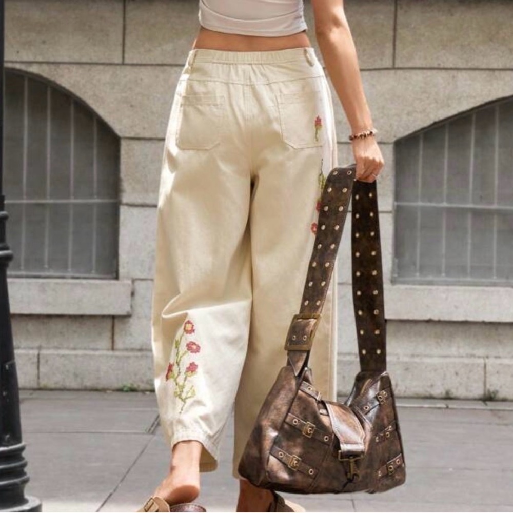 SHEIN Floral Embroidered Tan Wide-Leg Pants - Picture 2 of 7